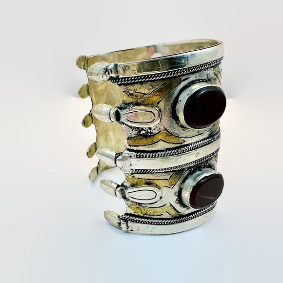 Vintage Middle Eastern Cuff: Afghan Bracelet Carnelian Silver Gold Mixed Boho - Picture 3 of 4